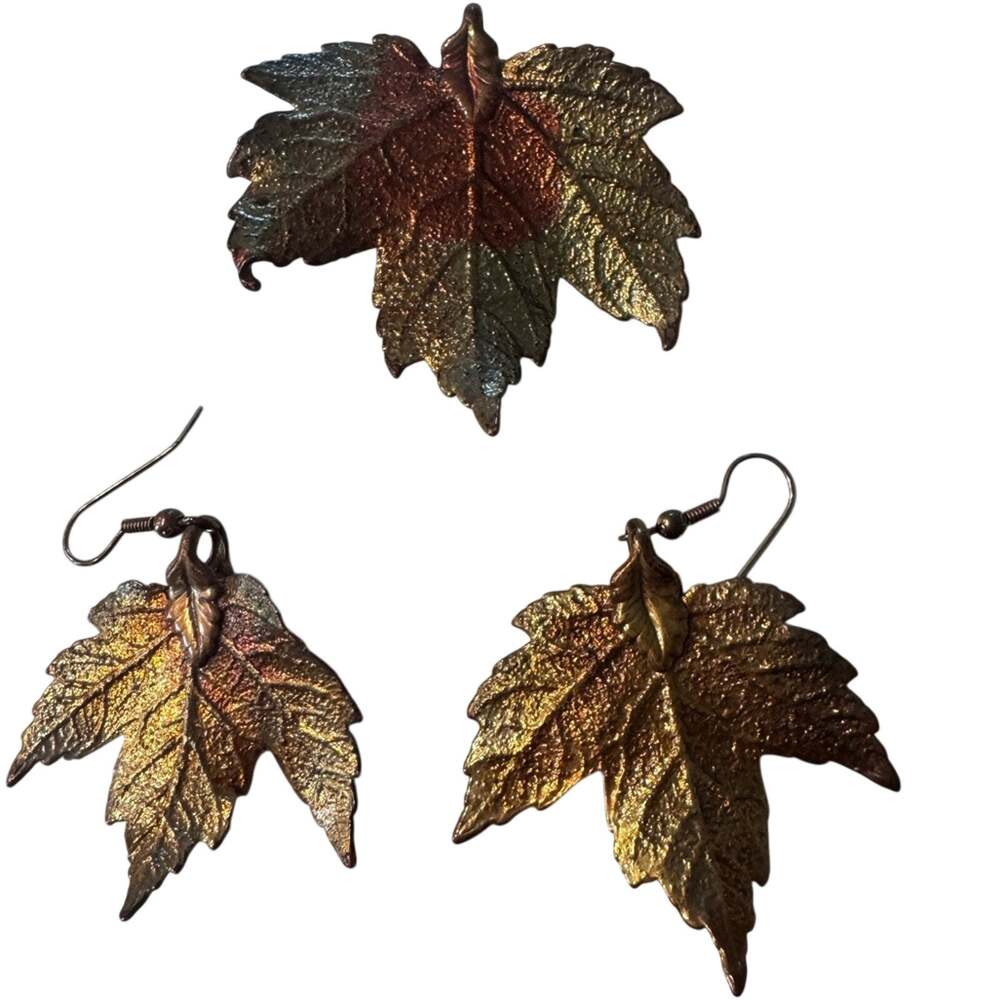 Vintage Gold Orange Metallic Maple Leaf Earrings & Pendant Set Estate Jewelry